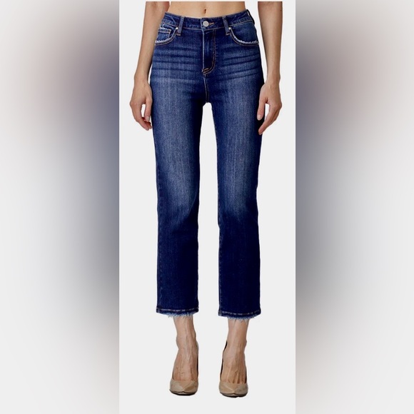Risen Jeans Denim - NWT RISEN High-Rise Crop Straight Jeans w/ Distressed Raw Hem Dark Blue 13/31